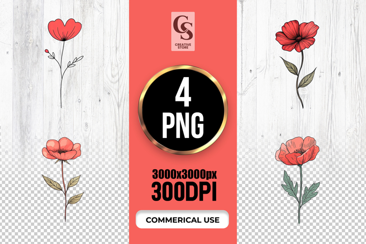 Minimal Red Flower Botanical Clipart Sublimation PNG