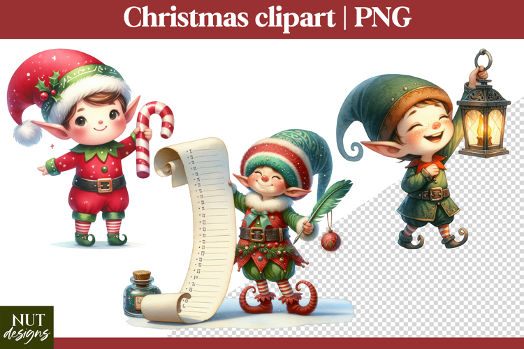 Cute Christmas clipart, Christmas Elf & candy cane, lantern