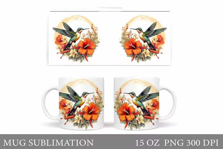 Hummingbird Mug Design. Flowers Mug Wrap Sublimation