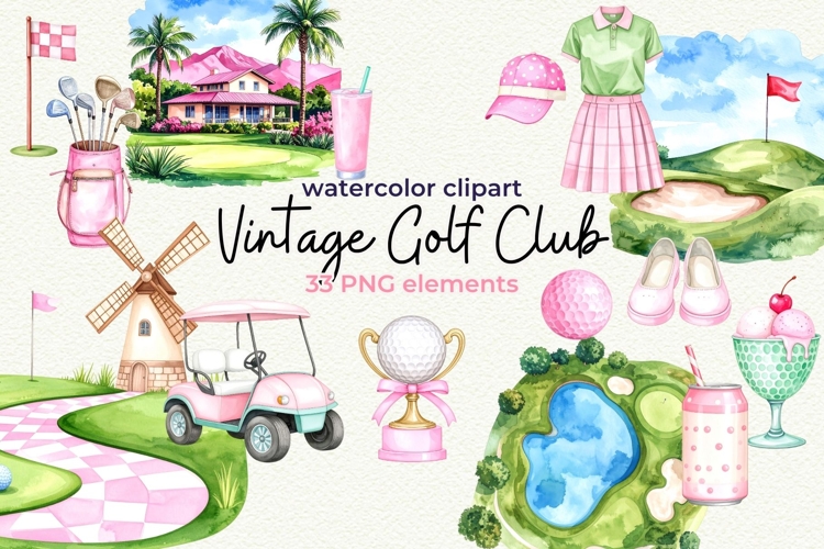 Coquette Pink Golf Vintage Golf Club Watercolor Clipart