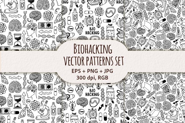 Biohacking, healthy lifestyle, vector patterns set