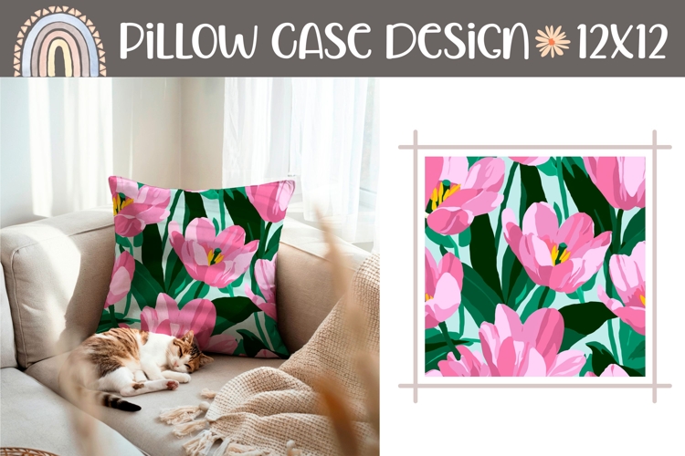 Pink Tulips Pillow Template, Floral Pillow Case Print