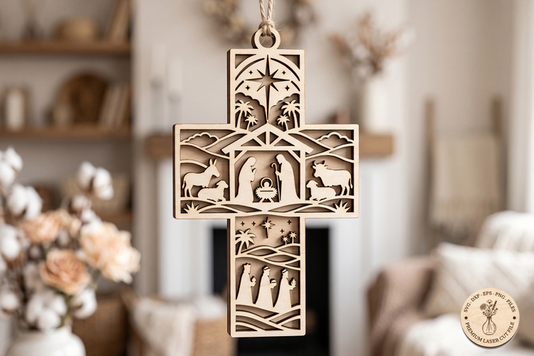 Nativity Cross SVG, Christmas Ornament Laser Cut File, Jesus