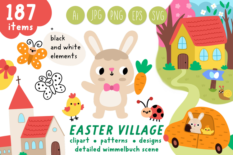 Easter village clipart, seamless patterns and designs