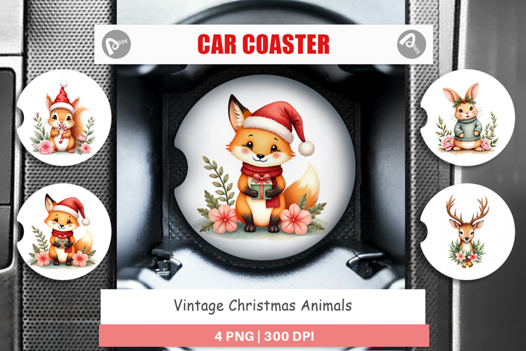 Car Coaster Vintage Christmas Animals Watercolor