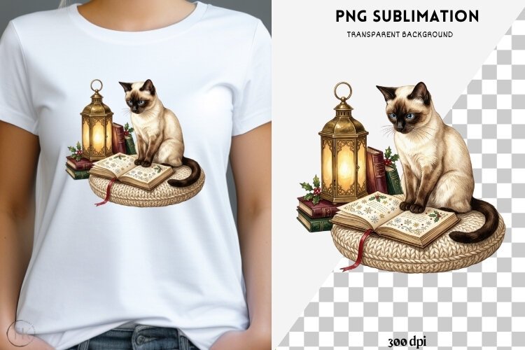Christmas bookish cat png design for T-shirts example image 1