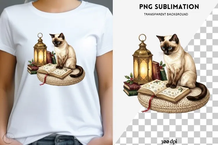 Christmas bookish cat png design for T-shirts