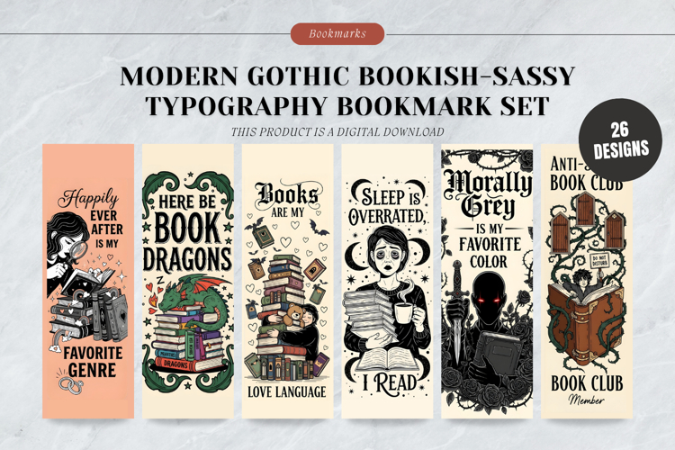 Modern Gothic Sassy Typography Bookmark Set, Funny Bookish