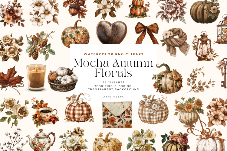 Mocha Autumn Florals Clipart Bundle