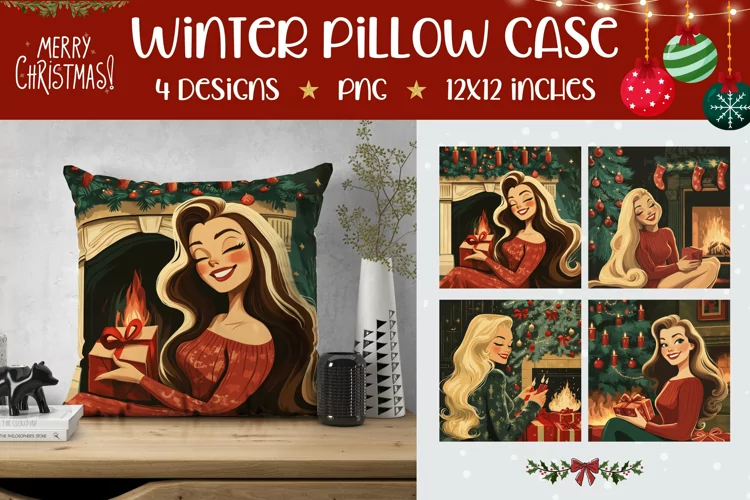 Retro Christmas Woman Pillowcase, Cartoon Christmas Pillow