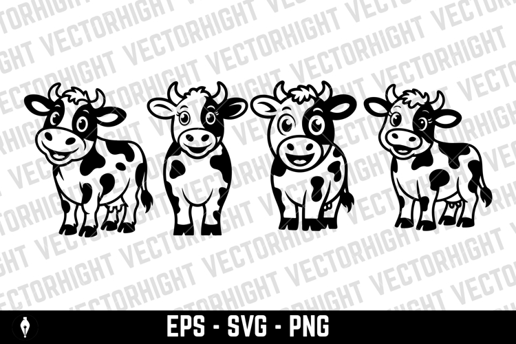 A black and white cartoon mascot of a spotted dairy cow