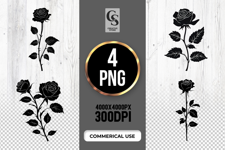 Black Rose Silhouette Clipart Sublimation PNG
