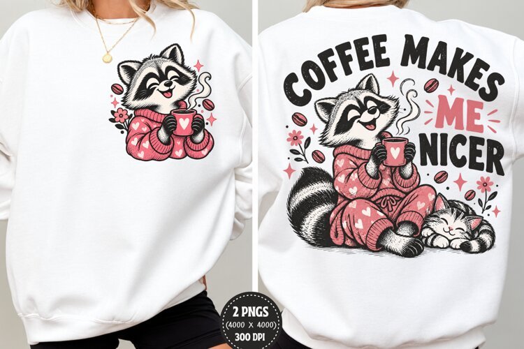 Coffee Raccoon Front Back PNG, Cute Raccoon Coffee Shirt Fro example image 1