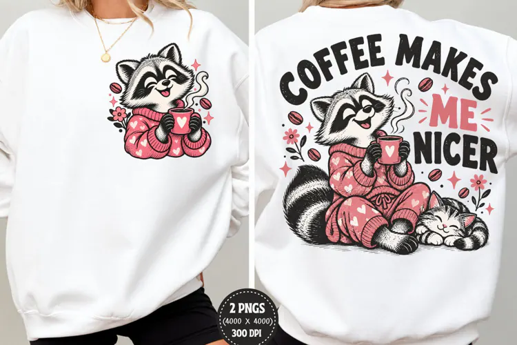 Coffee Raccoon Front Back PNG, Cute Raccoon Coffee Shirt Fro