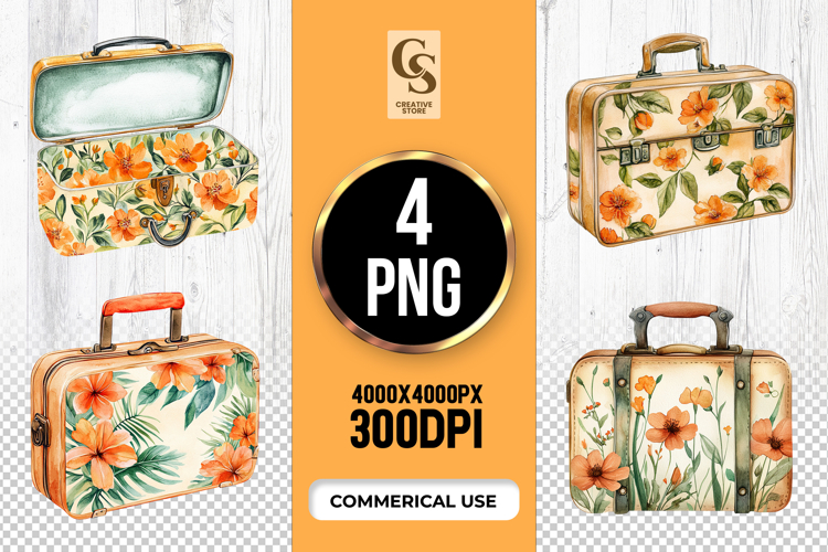 Floral Vintage Suitcase Clipart Sublimation PNG