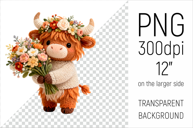 Knitted Highland Cow with Flowers | Mothers Day Clipart