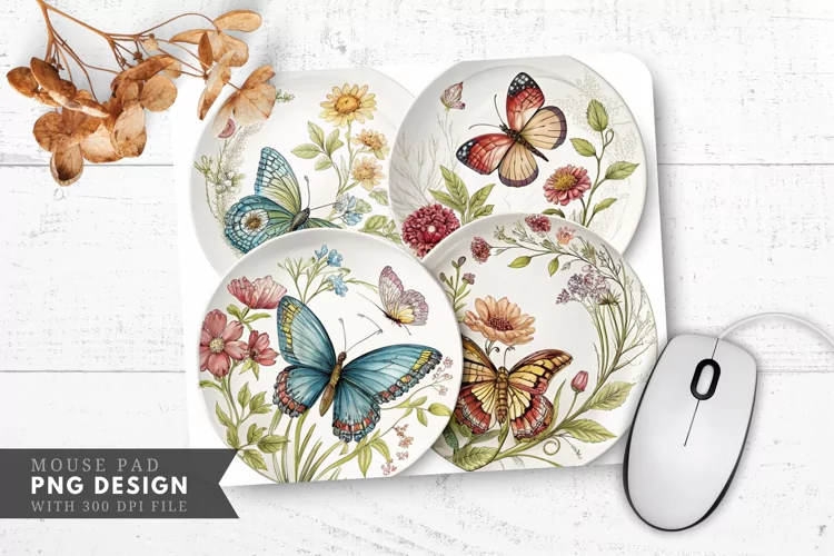 Butterfly and Floral Decorative Mouse Pad PNG Design