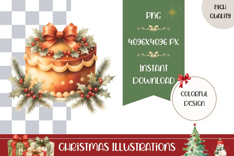 Cartoon Christmas Cake Illustration, Gold Christmas PNG