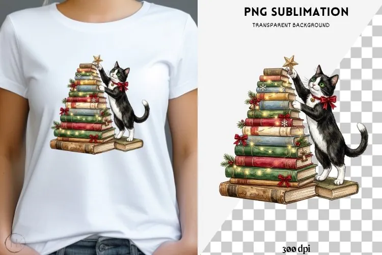 Christmas bookish cat png design for T-shirts