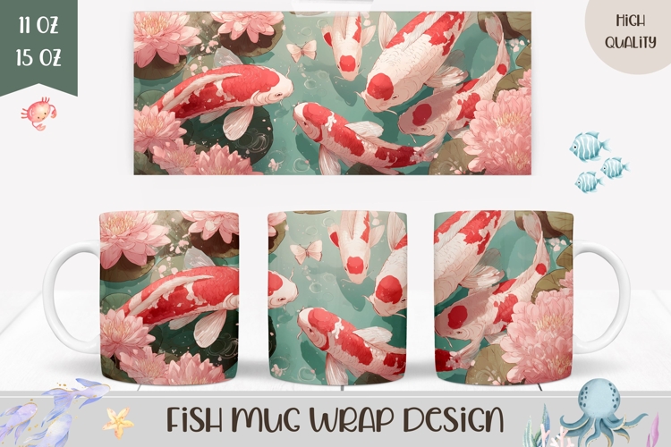 Koi Fish Mug Wrap, Floral Mug Design, Butterfly Mug PNG