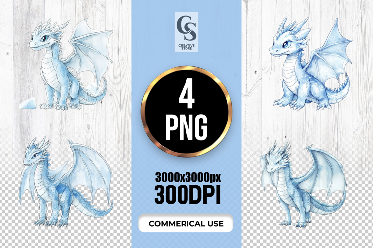 Watercolor Blue Ice Dragon Art Clipart Sublimation PNG
