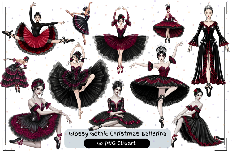 Glossy Gothic Christmas Ballerina Clipart Bundle