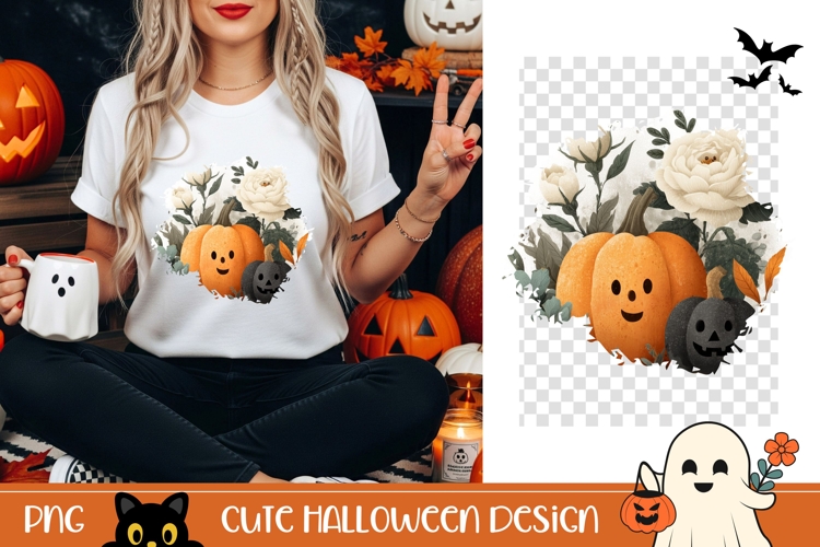 Halloween Pumpkin PNG, Floral Halloween Pumpkins T-Shirt PNG