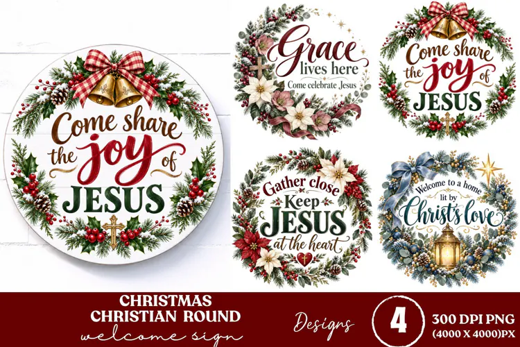 4 Christian Christmas Round Sign PNGs, 4 Jesus Christmas Doo