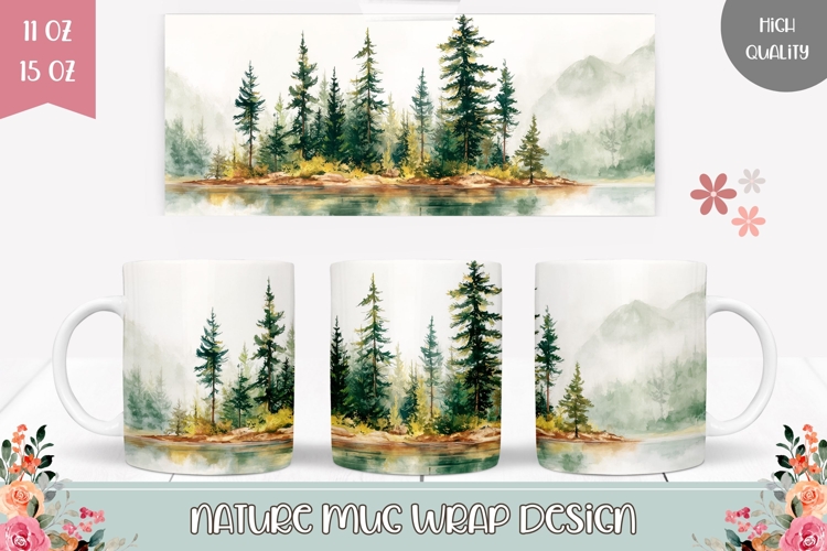 Watercolor Lake Mug Wrap Design, Mountains Mug Template