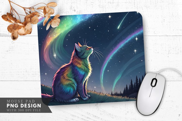 Starlit Rainbow Cat Aurora Borealis Mouse Pad PNG Design