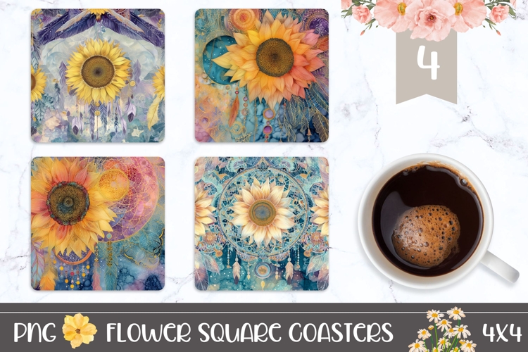 Cartoon Sunflowers Square Coasters, Floral Square Coaster