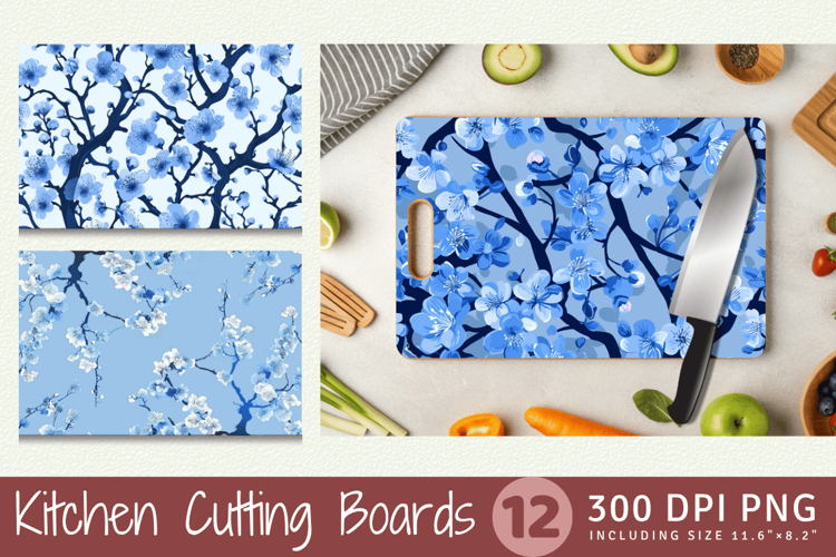 Blue Winter Cherry Blossoms Cutting Boards sublimation Desig