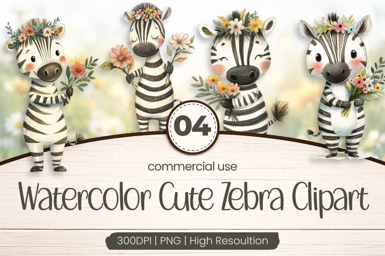 Watercolor Cute Zebra Clipart PNG