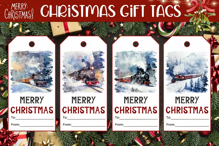 Watercolor Christmas Train Gift Tags, Winter Gift Tag PNG