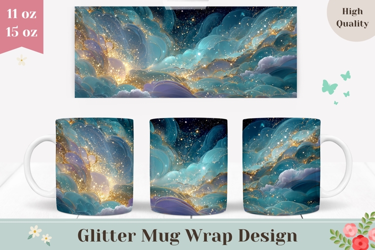 Gold Glitter Mug Wrap, Blue Mug Design, Clouds Mug