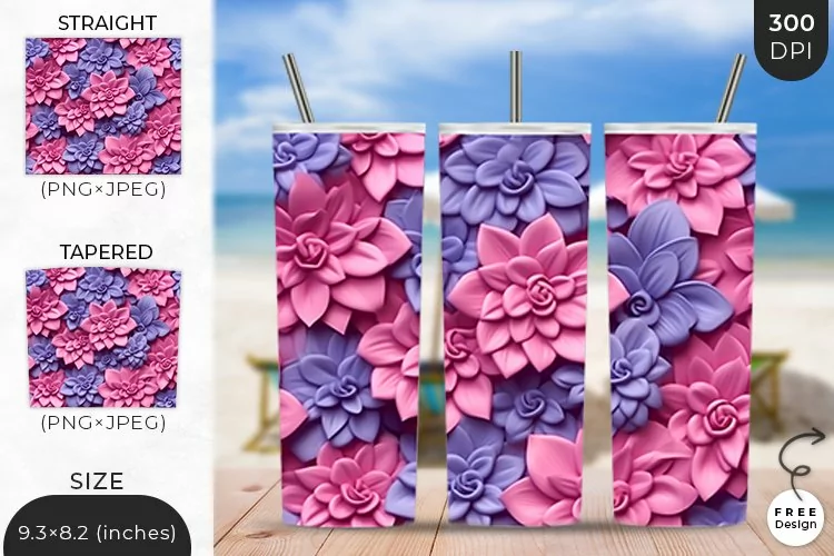 3D Flowers Tumbler Wrap | 3D Floral Sublimation Design