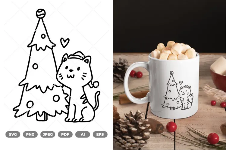 Cat and Christmas Tree SVG & Clipart