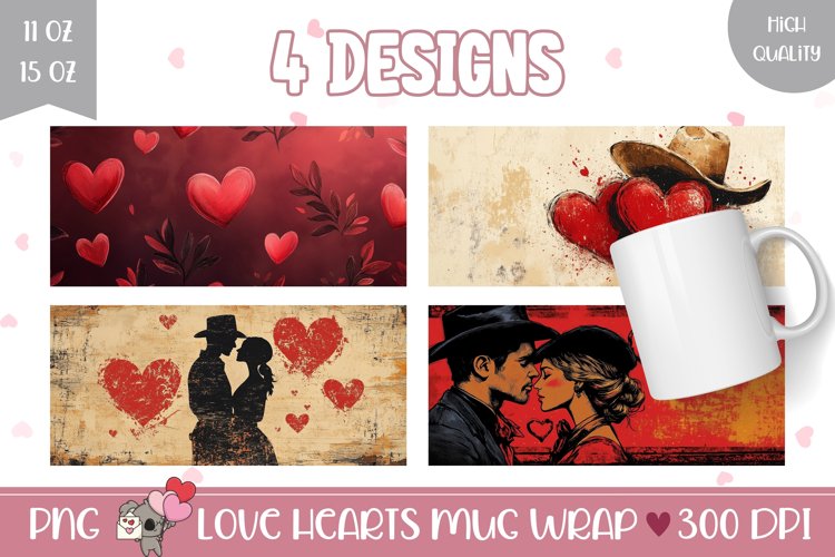Red Hearts Mug Design, Cowboy Mug Sublimation Designs