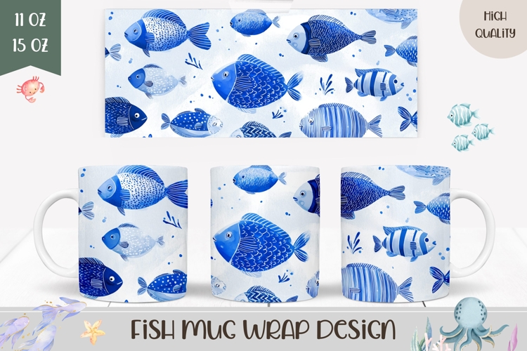 Watercolor Fish Mug Wrap, Ocean Mug Design, Cute Fish PNG
