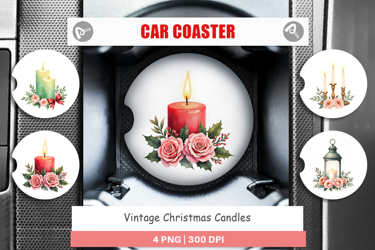 Car Coaster Vintage Christmas Candles Watercolor