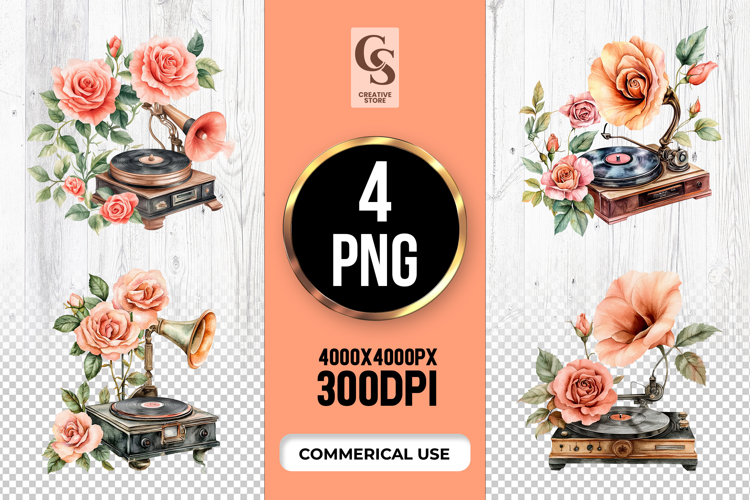 Vintage Gramophone Floral Clipart Sublimation PNG