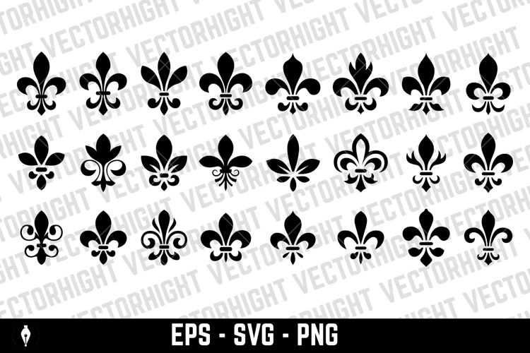 A black and white vector set of twelve fleur-de-lis icons.