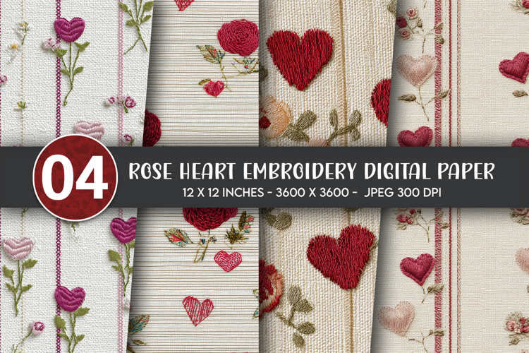 Rose Heart Embroidery Digital Paper