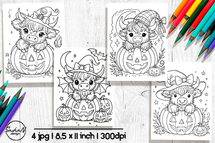 Cute Halloween highland cow coloring pages