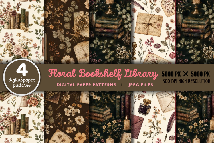 Floral Bookshelf Library Digital Pattern JPG