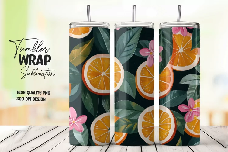 Orange with Leaves and Flowers Tumbler Wrap Sublimation
