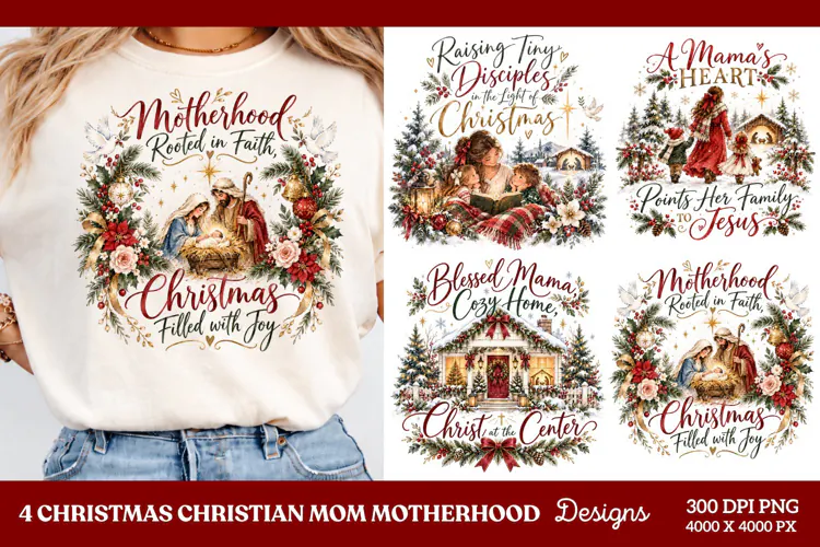4 Christian Mom Christmas PNG Designs, 4 Faith Based Christm
