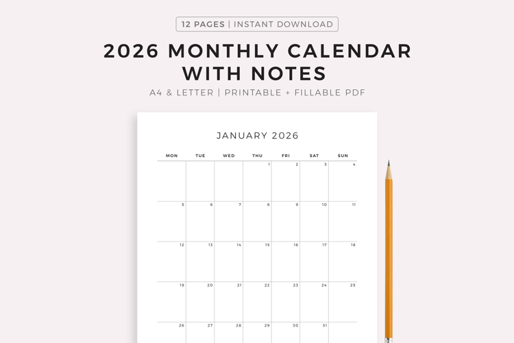 2026 Monthly Calendar with Notes, Printable, A4/Letter Size