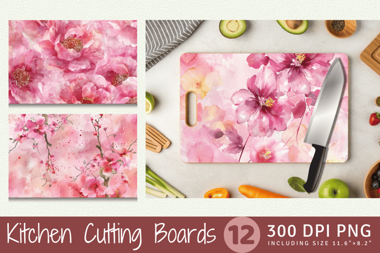 Pink Watercolor Floral Cutting Boards sublimation Design