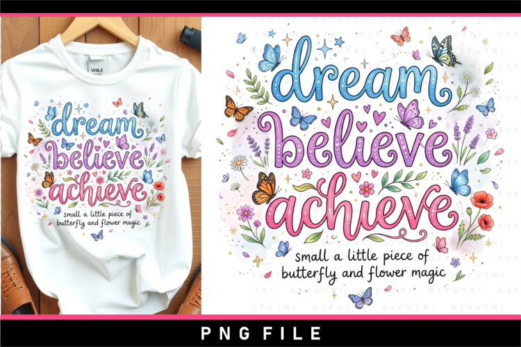 Dream believe achieve, Inspirational quotes sublimation PNG